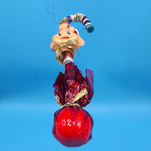 Vintage 1950s Japan Pixie Elf Lollipop Ornament Rubber Head Candy Cane Hat - Picture 9 of 11